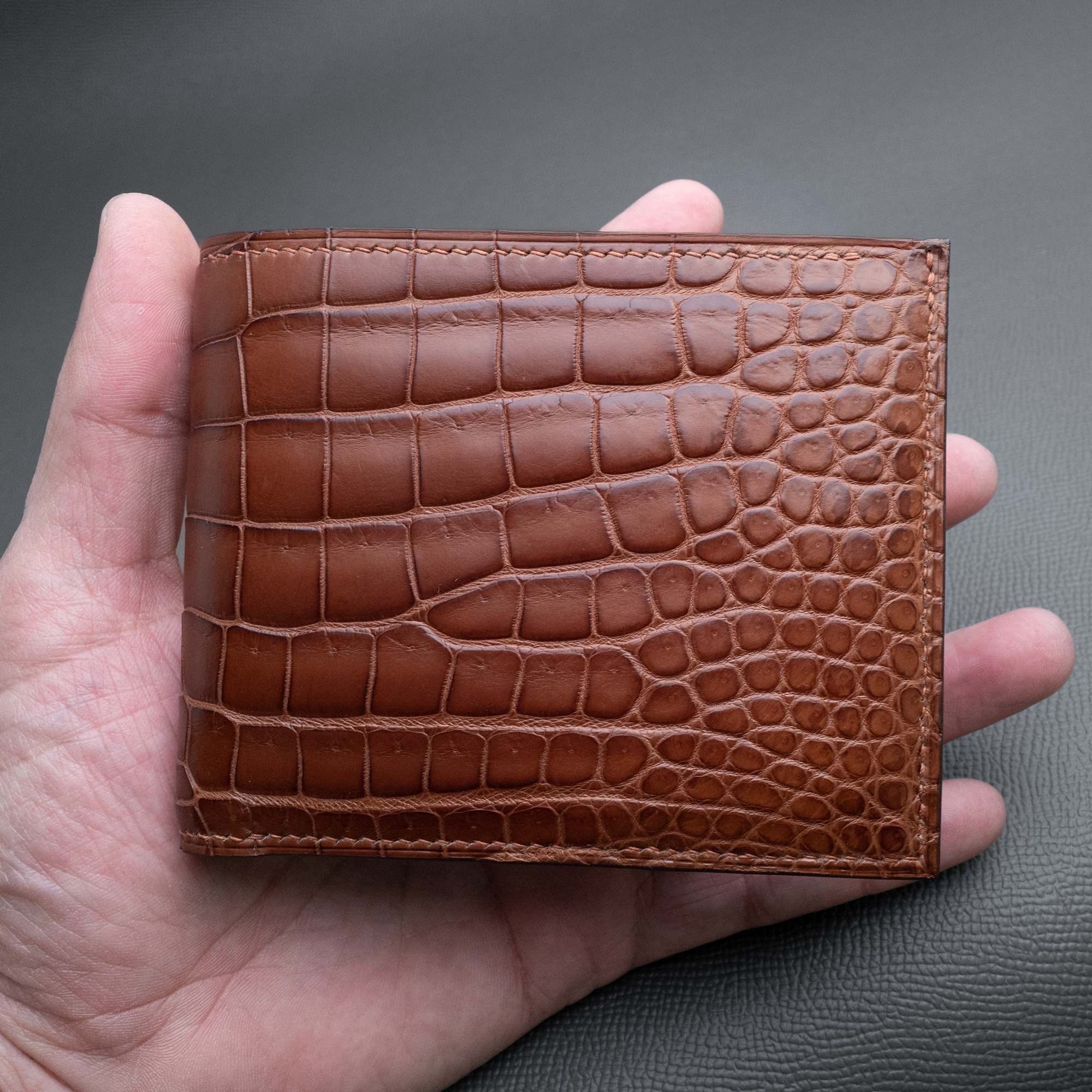 In-stock: #90 Cognac Porosus Crocodile + French Chévre Bifold Wallet
