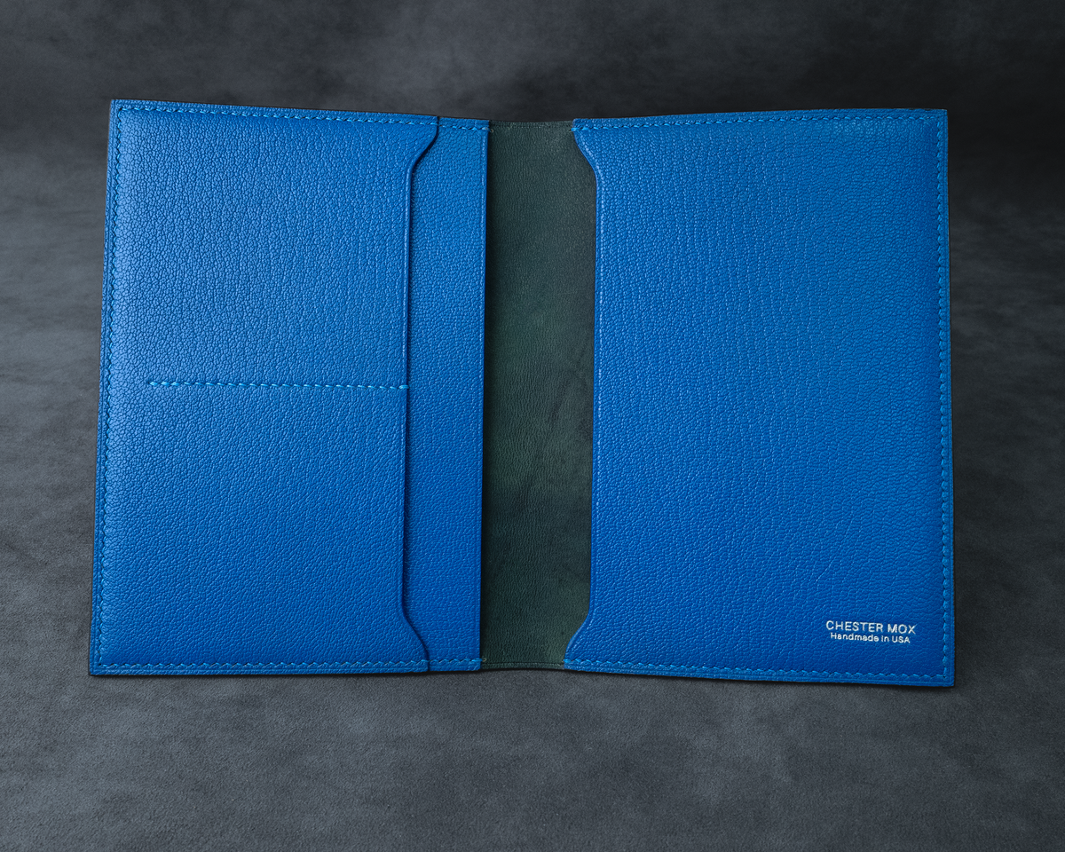 In-Stock: #120 Black Horween Shell Cordovan/Electric Blue French Chévre Passport Cover