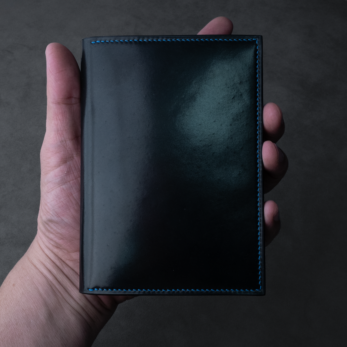 In-Stock: #120 Black Horween Shell Cordovan/Electric Blue French Chévre Passport Cover