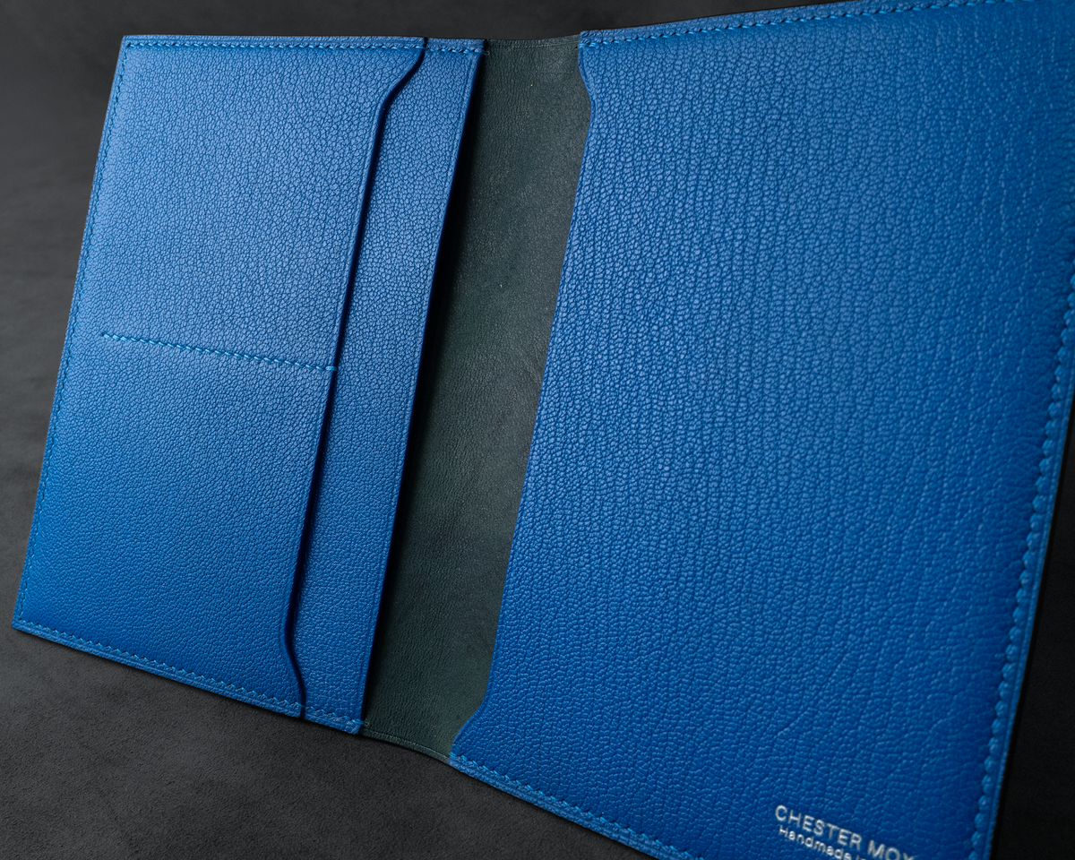 In-Stock: #120 Black Horween Shell Cordovan/Electric Blue French Chévre Passport Cover