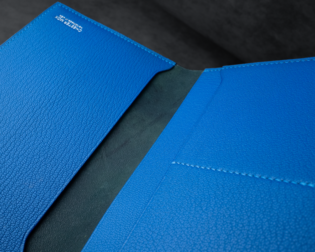 In-Stock: #120 Black Horween Shell Cordovan/Electric Blue French Chévre Passport Cover