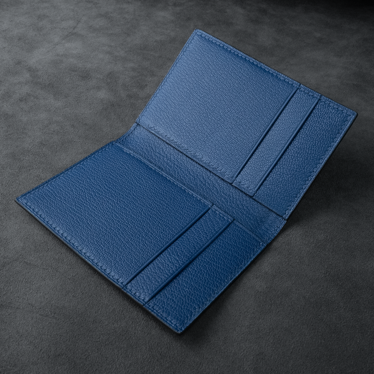 In-Stock: #54 Marine Waprolux Calf/Navy French Chévre Leather Combo Compact Bifold
